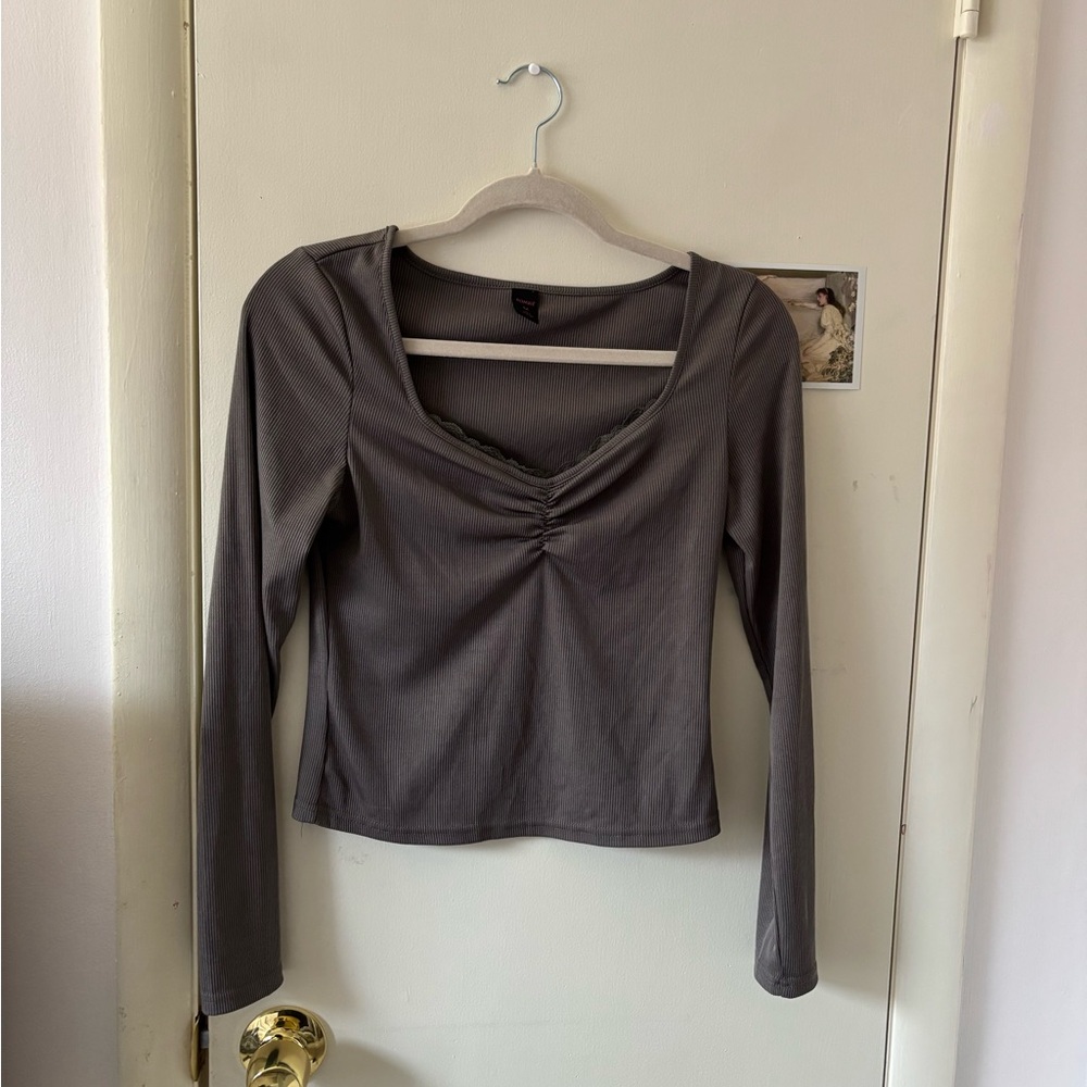 ROMWE Gray Fitted Ruched Long Sleeve Blouse